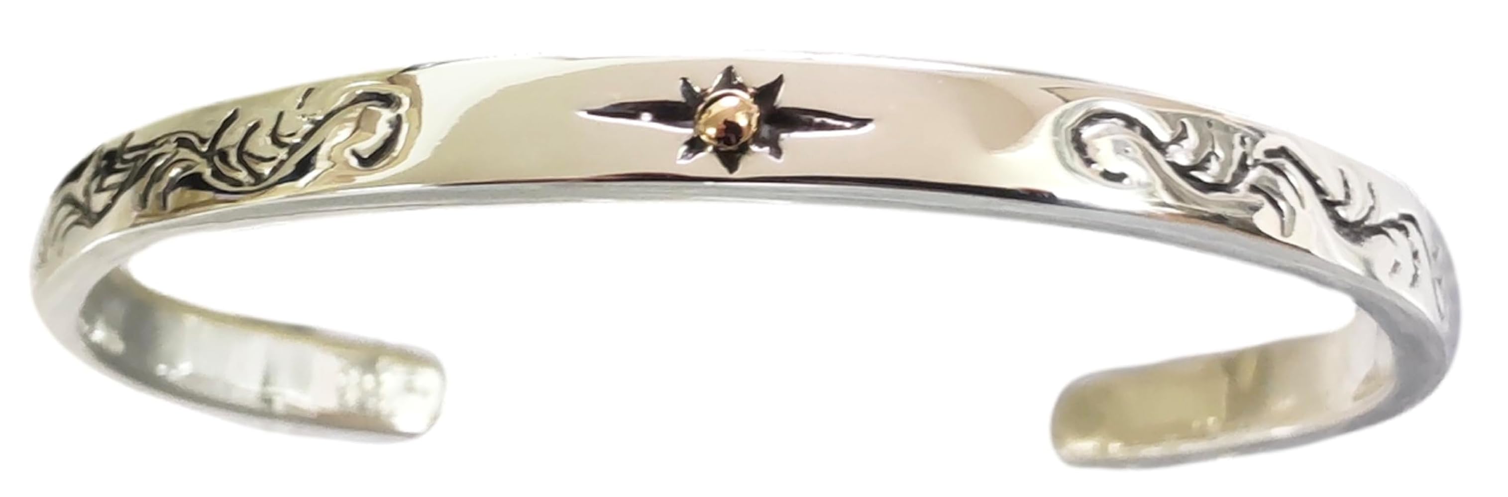 シルバーバングル 太陽と月　シルバー925、ｋ18　手彫り唐草、フェザー　メンズ シルバーバングル 太陽と月 シルバー925、k18 手彫り唐草